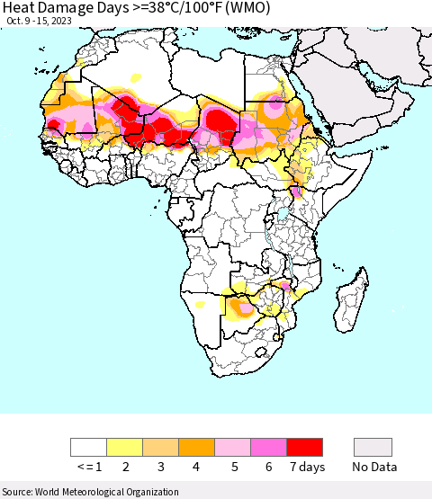 Africa Heat Damage Days >=38°C/100°F (WMO) Thematic Map For 10/9/2023 - 10/15/2023