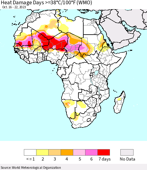 Africa Heat Damage Days >=38°C/100°F (WMO) Thematic Map For 10/16/2023 - 10/22/2023