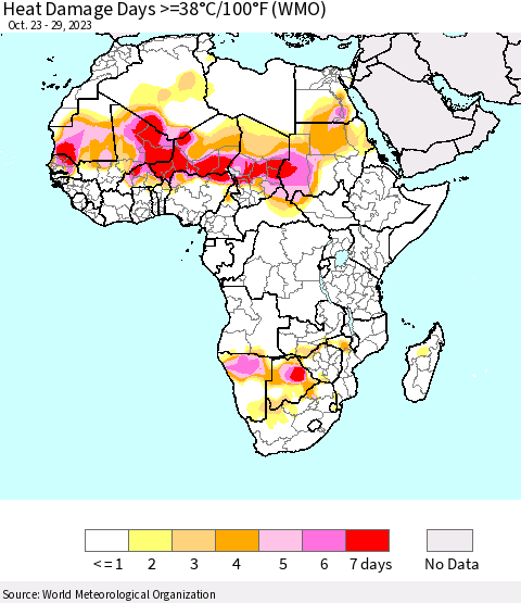 Africa Heat Damage Days >=38°C/100°F (WMO) Thematic Map For 10/23/2023 - 10/29/2023