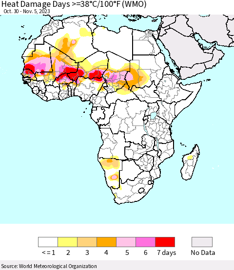 Africa Heat Damage Days >=38°C/100°F (WMO) Thematic Map For 10/30/2023 - 11/5/2023