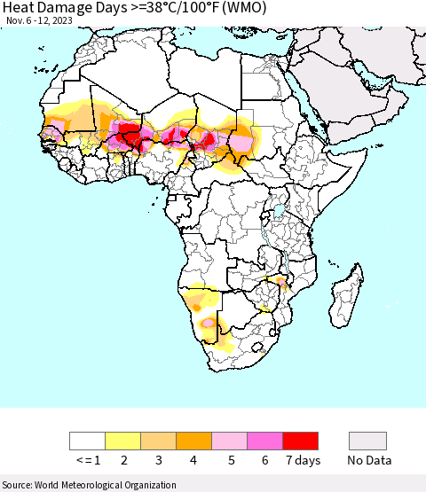 Africa Heat Damage Days >=38°C/100°F (WMO) Thematic Map For 11/6/2023 - 11/12/2023