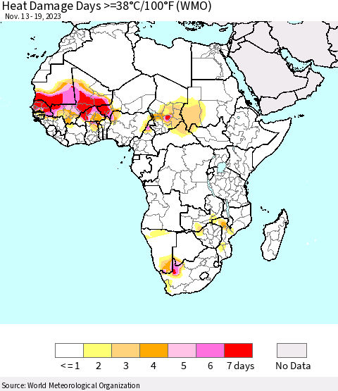 Africa Heat Damage Days >=38°C/100°F (WMO) Thematic Map For 11/13/2023 - 11/19/2023