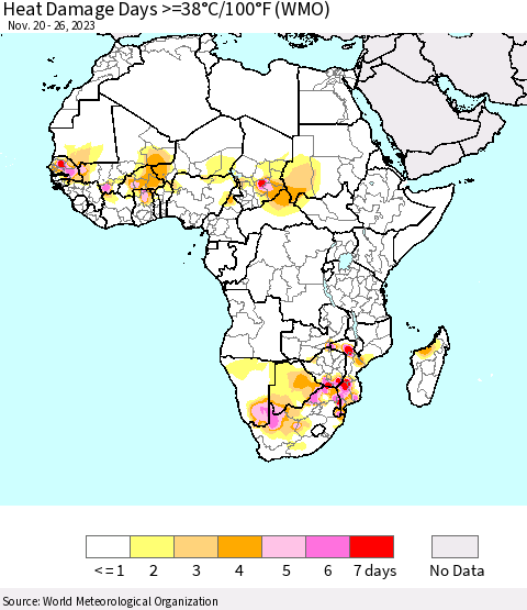 Africa Heat Damage Days >=38°C/100°F (WMO) Thematic Map For 11/20/2023 - 11/26/2023
