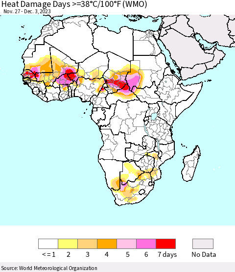Africa Heat Damage Days >=38°C/100°F (WMO) Thematic Map For 11/27/2023 - 12/3/2023