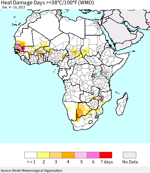 Africa Heat Damage Days >=38°C/100°F (WMO) Thematic Map For 12/4/2023 - 12/10/2023