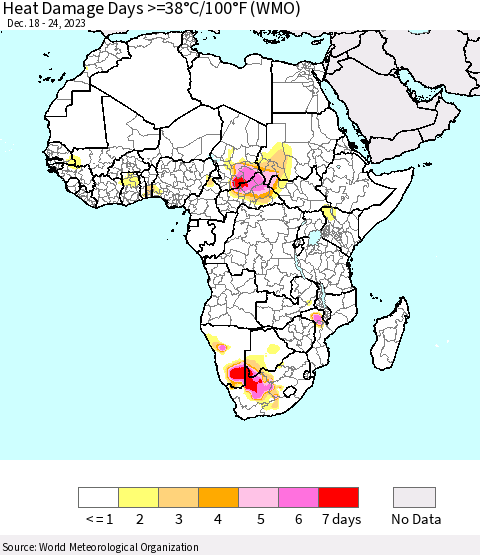 Africa Heat Damage Days >=38°C/100°F (WMO) Thematic Map For 12/18/2023 - 12/24/2023