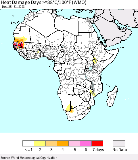 Africa Heat Damage Days >=38°C/100°F (WMO) Thematic Map For 12/25/2023 - 12/31/2023
