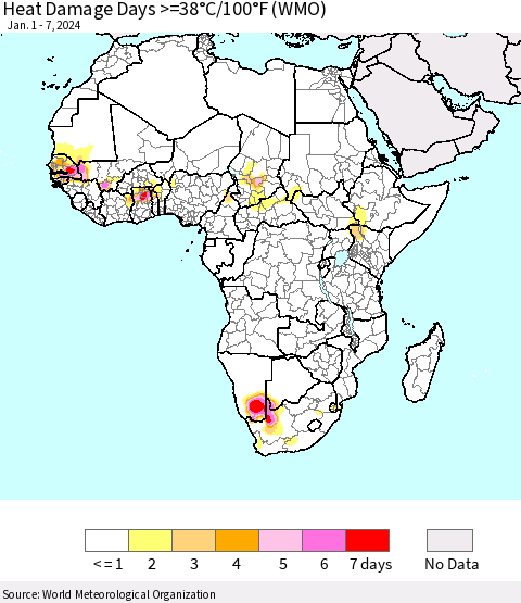 Africa Heat Damage Days >=38°C/100°F (WMO) Thematic Map For 1/1/2024 - 1/7/2024