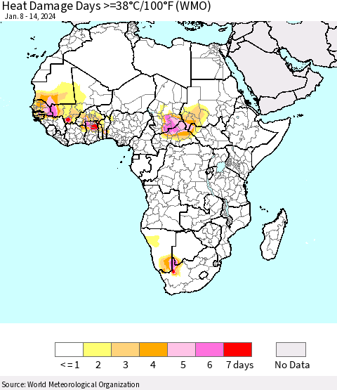 Africa Heat Damage Days >=38°C/100°F (WMO) Thematic Map For 1/8/2024 - 1/14/2024
