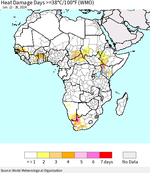 Africa Heat Damage Days >=38°C/100°F (WMO) Thematic Map For 1/22/2024 - 1/28/2024