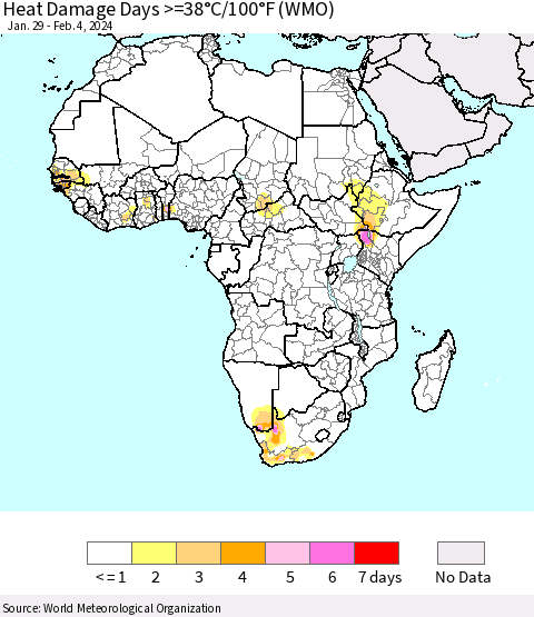 Africa Heat Damage Days >=38°C/100°F (WMO) Thematic Map For 1/29/2024 - 2/4/2024