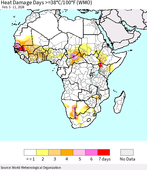 Africa Heat Damage Days >=38°C/100°F (WMO) Thematic Map For 2/5/2024 - 2/11/2024
