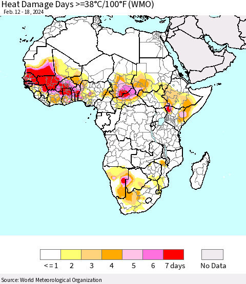 Africa Heat Damage Days >=38°C/100°F (WMO) Thematic Map For 2/12/2024 - 2/18/2024