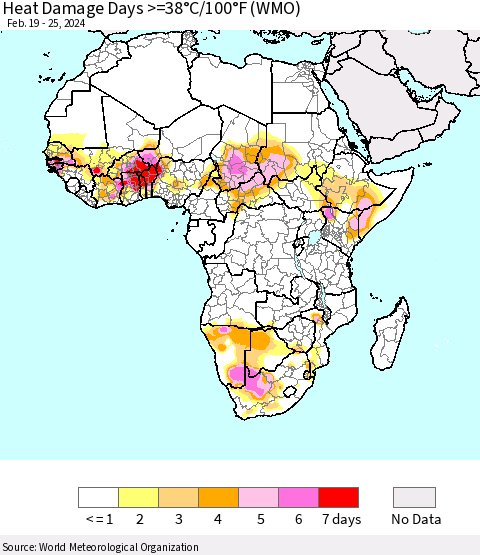 Africa Heat Damage Days >=38°C/100°F (WMO) Thematic Map For 2/19/2024 - 2/25/2024