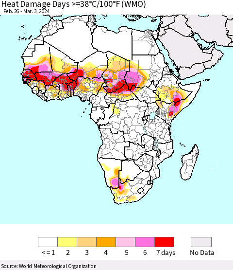 Africa Heat Damage Days >=38°C/100°F (WMO) Thematic Map For 2/26/2024 - 3/3/2024