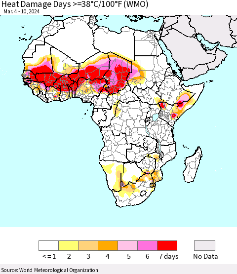 Africa Heat Damage Days >=38°C/100°F (WMO) Thematic Map For 3/4/2024 - 3/10/2024