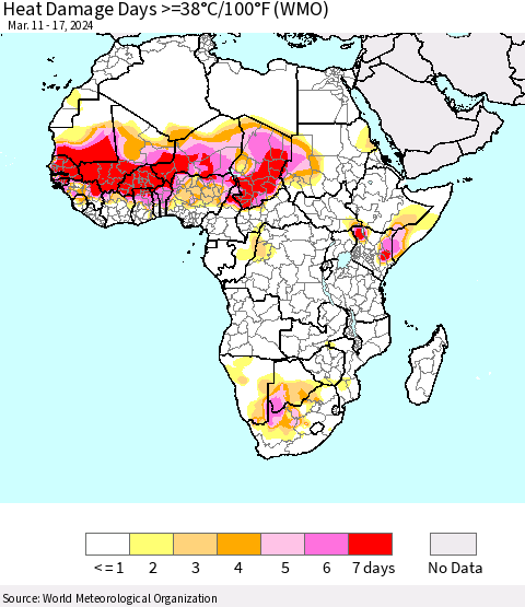 Africa Heat Damage Days >=38°C/100°F (WMO) Thematic Map For 3/11/2024 - 3/17/2024
