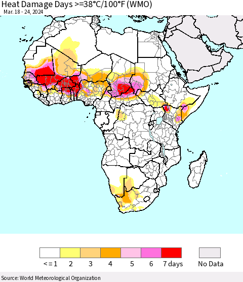 Africa Heat Damage Days >=38°C/100°F (WMO) Thematic Map For 3/18/2024 - 3/24/2024