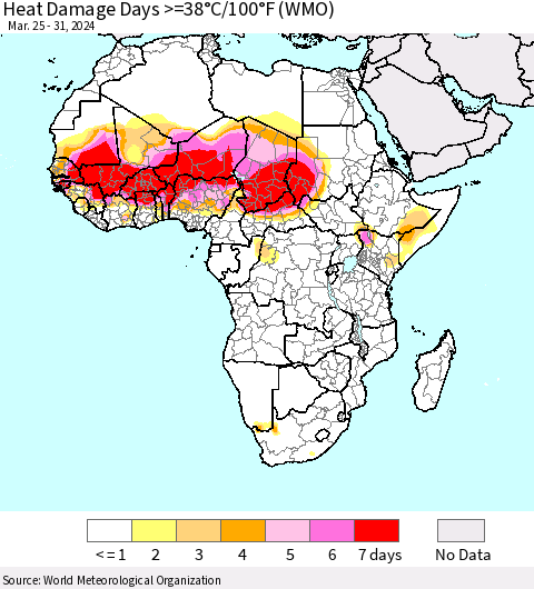 Africa Heat Damage Days >=38°C/100°F (WMO) Thematic Map For 3/25/2024 - 3/31/2024