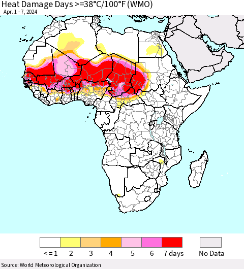 Africa Heat Damage Days >=38°C/100°F (WMO) Thematic Map For 4/1/2024 - 4/7/2024