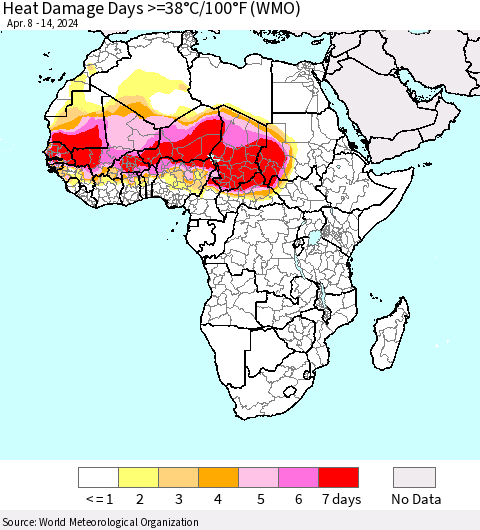 Africa Heat Damage Days >=38°C/100°F (WMO) Thematic Map For 4/8/2024 - 4/14/2024