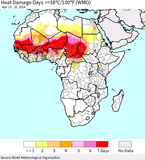 Africa Heat Damage Days >=38°C/100°F (WMO) Thematic Map For 4/15/2024 - 4/21/2024