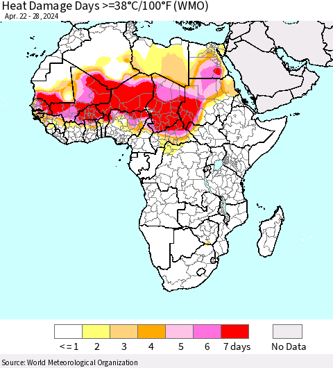 Africa Heat Damage Days >=38°C/100°F (WMO) Thematic Map For 4/22/2024 - 4/28/2024