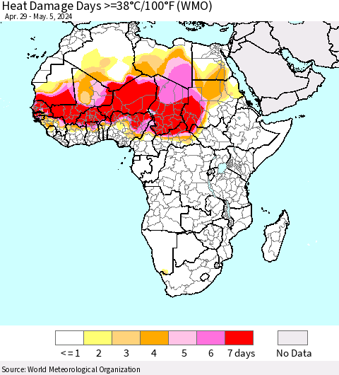 Africa Heat Damage Days >=38°C/100°F (WMO) Thematic Map For 4/29/2024 - 5/5/2024