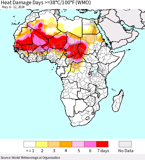 Africa Heat Damage Days >=38°C/100°F (WMO) Thematic Map For 5/6/2024 - 5/12/2024