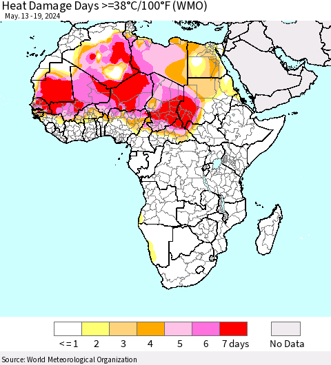 Africa Heat Damage Days >=38°C/100°F (WMO) Thematic Map For 5/13/2024 - 5/19/2024