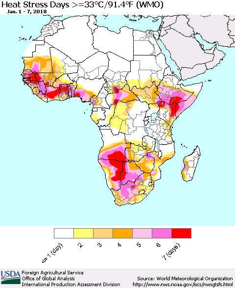 Africa Heat Stress Days >=35°C/95°F (WMO) Thematic Map For 1/1/2018 - 1/7/2018