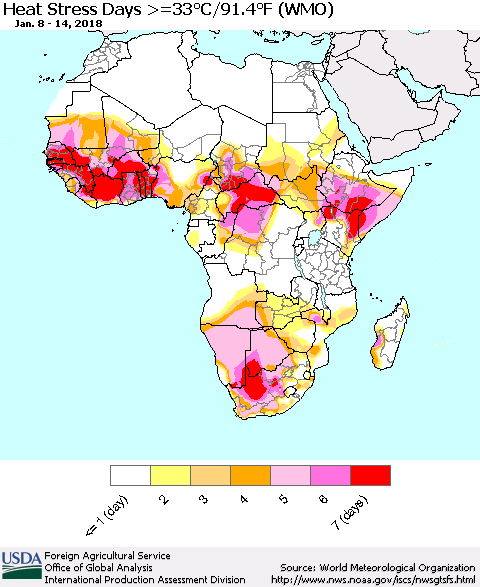 Africa Heat Stress Days >=35°C/95°F (WMO) Thematic Map For 1/8/2018 - 1/14/2018