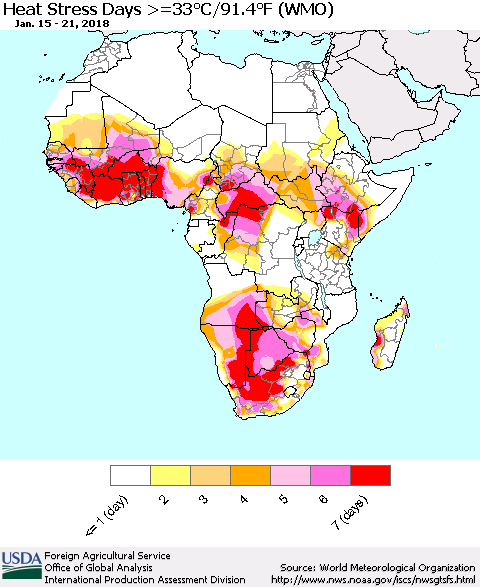 Africa Heat Stress Days >=35°C/95°F (WMO) Thematic Map For 1/15/2018 - 1/21/2018
