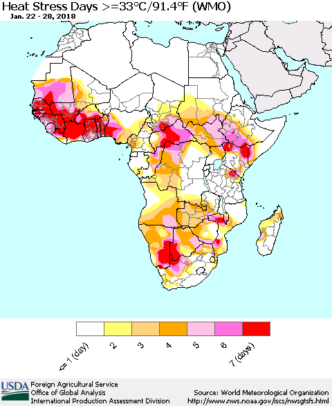 Africa Heat Stress Days >=35°C/95°F (WMO) Thematic Map For 1/22/2018 - 1/28/2018