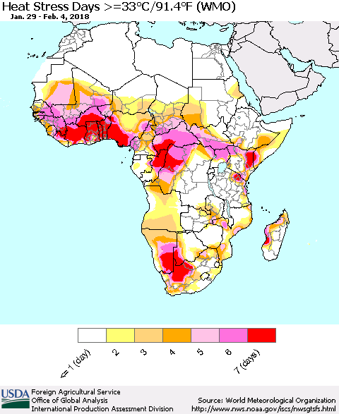 Africa Heat Stress Days >=35°C/95°F (WMO) Thematic Map For 1/29/2018 - 2/4/2018