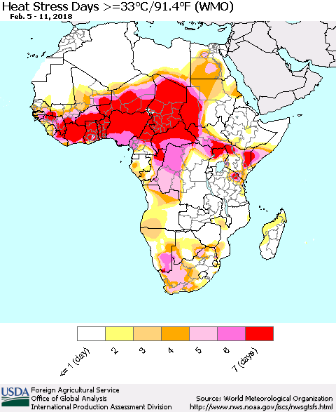 Africa Heat Stress Days >=35°C/95°F (WMO) Thematic Map For 2/5/2018 - 2/11/2018