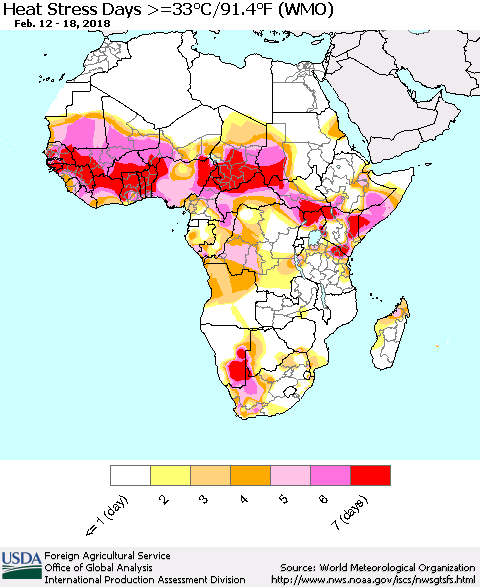 Africa Heat Stress Days >=35°C/95°F (WMO) Thematic Map For 2/12/2018 - 2/18/2018