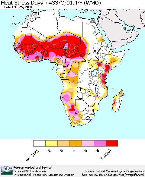 Africa Heat Stress Days >=35°C/95°F (WMO) Thematic Map For 2/19/2018 - 2/25/2018