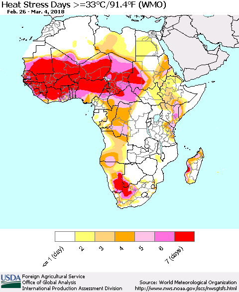 Africa Heat Stress Days >=35°C/95°F (WMO) Thematic Map For 2/26/2018 - 3/4/2018