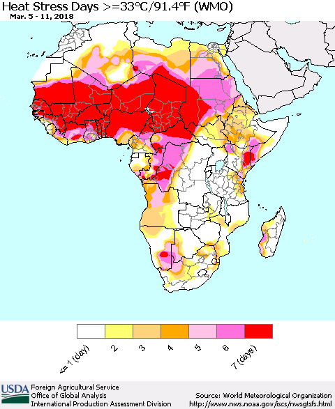 Africa Heat Stress Days >=35°C/95°F (WMO) Thematic Map For 3/5/2018 - 3/11/2018