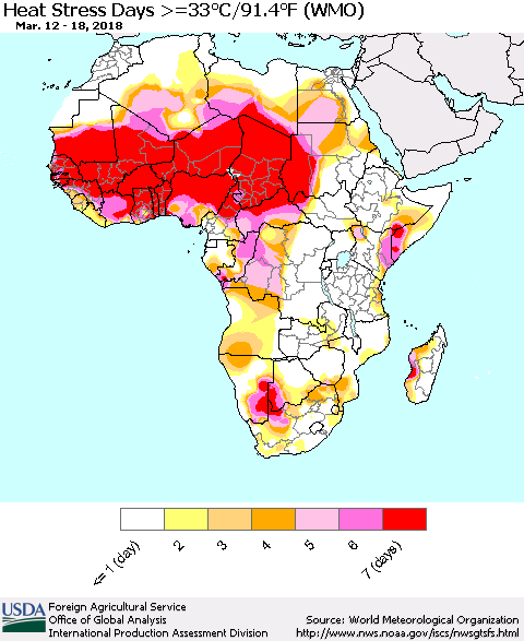 Africa Heat Stress Days >=35°C/95°F (WMO) Thematic Map For 3/12/2018 - 3/18/2018
