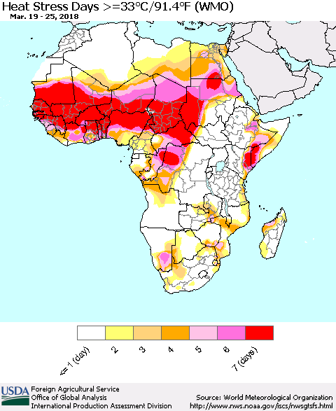 Africa Heat Stress Days >=35°C/95°F (WMO) Thematic Map For 3/19/2018 - 3/25/2018