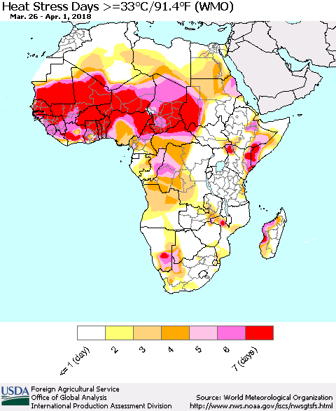 Africa Heat Stress Days >=35°C/95°F (WMO) Thematic Map For 3/26/2018 - 4/1/2018
