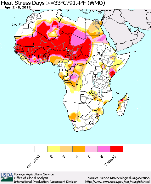 Africa Heat Stress Days >=35°C/95°F (WMO) Thematic Map For 4/2/2018 - 4/8/2018