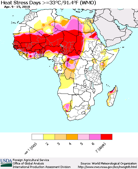 Africa Heat Stress Days >=35°C/95°F (WMO) Thematic Map For 4/9/2018 - 4/15/2018