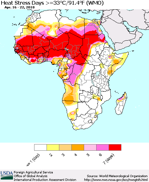Africa Heat Stress Days >=35°C/95°F (WMO) Thematic Map For 4/16/2018 - 4/22/2018