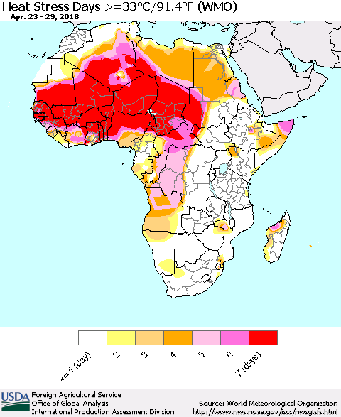 Africa Heat Stress Days >=35°C/95°F (WMO) Thematic Map For 4/23/2018 - 4/29/2018