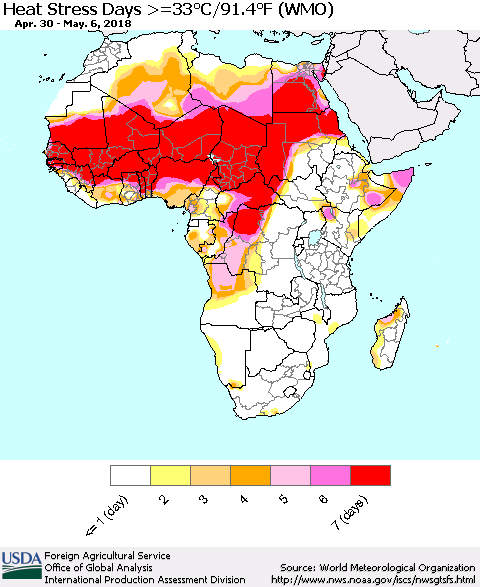 Africa Heat Stress Days >=35°C/95°F (WMO) Thematic Map For 4/30/2018 - 5/6/2018