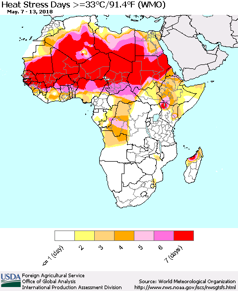 Africa Heat Stress Days >=35°C/95°F (WMO) Thematic Map For 5/7/2018 - 5/13/2018
