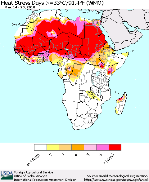 Africa Heat Stress Days >=35°C/95°F (WMO) Thematic Map For 5/14/2018 - 5/20/2018